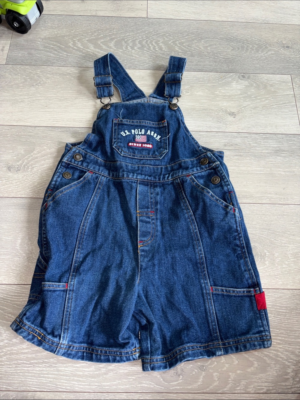U.S. Polo Assn. Dark Blue Denim Short Overalls with Red Accent